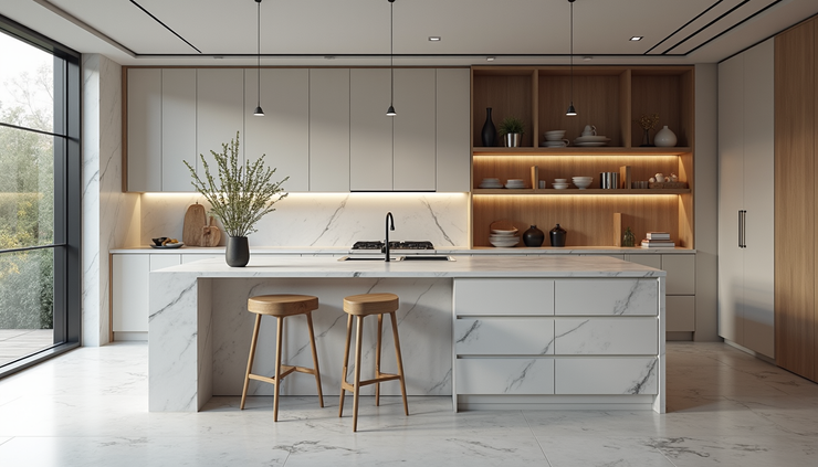 Vista frontale di una cucina moderna con isola centrale e piano di lavoro in marmo