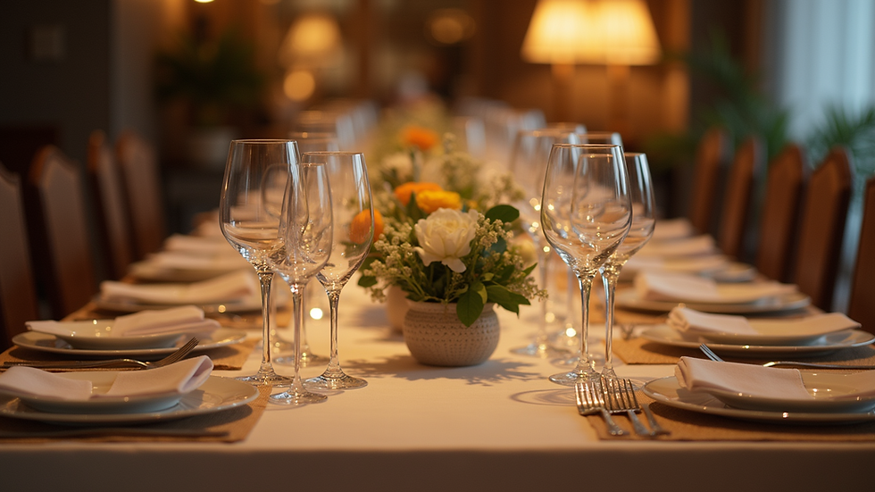 Eye-level view of a beautifully set dining table with elegant decorations