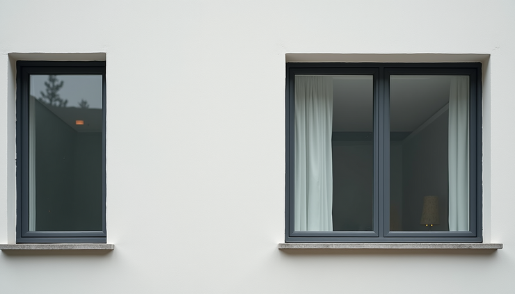 Vista frontale di serramenti antracite su facciata moderna con pareti chiare