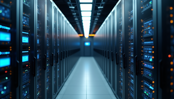 Vista dall’alto di un data center con server e sistemi di sicurezza