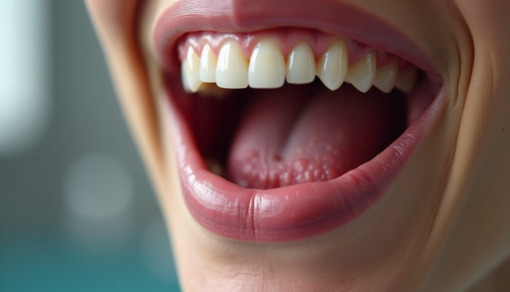 Vista frontale di una bocca con gonfiore evidente nella zona dell’estrazione dentale