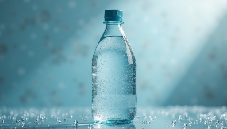 Vista ravvicinata di una bottiglia di acqua idrogenata trasparente con gocce di condensa