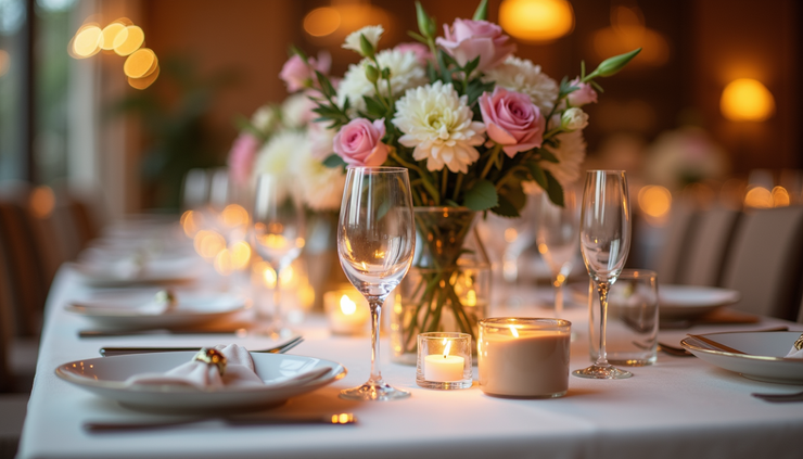 Dettaglio di un tavolo allestito con centrotavola floreali e luci soffuse per un 18esimo compleanno