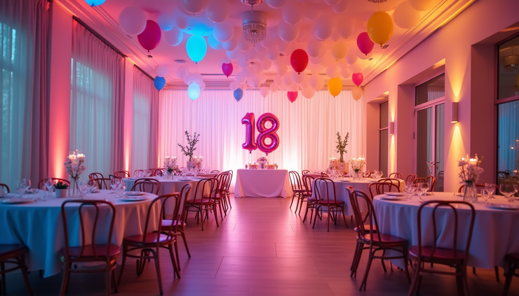 Vista panoramica di una sala decorata per un 18esimo compleanno con luci soffuse e palloncini colorati
