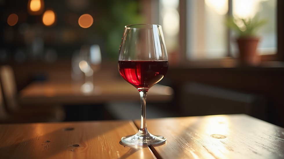 Close-up view of a wine glass filled with red wine