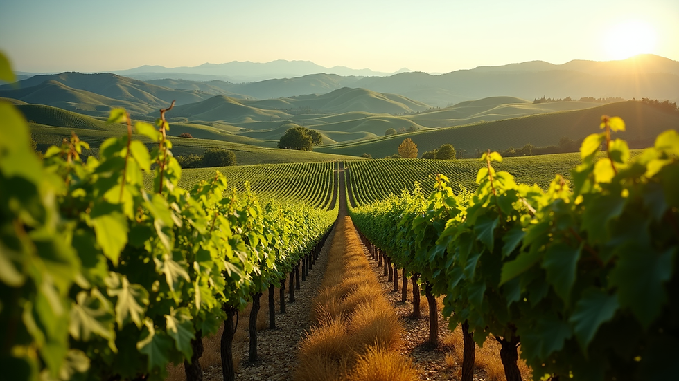 High angle view of a vineyard in Monferrato with rolling hills in the background