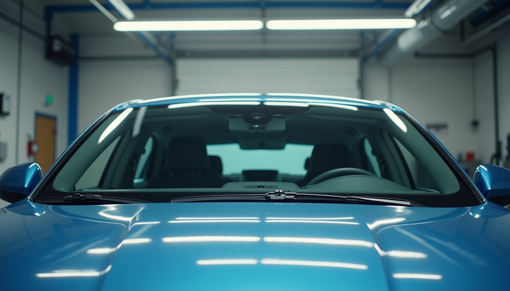 Vista frontale di un parabrezza nuovo installato su un’auto moderna