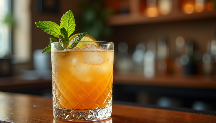 Vista ravvicinata di un cocktail sour al rum con guarnizione di lime e menta