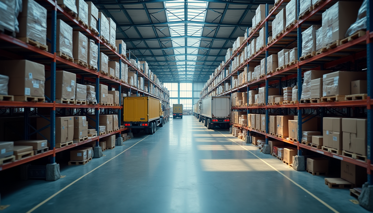 Vista aerea di un centro logistico con camion e scaffalature di magazzino