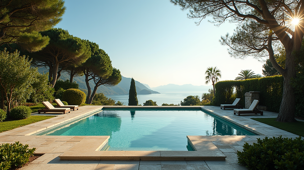 Wide angle view of a villa with a garden and sea view in inland Liguria