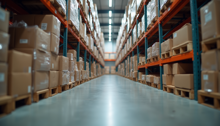 Vista a livello occhi di scaffali ordinati in magazzino con prodotti ben organizzati