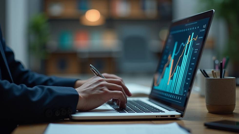 Vista laterale di una persona che scrive su un laptop con grafici di crescita sullo schermo