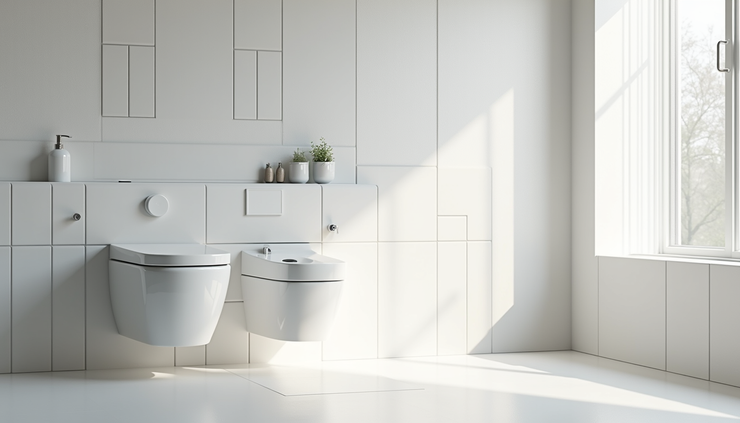 Vista frontale di un bagno moderno ristrutturato con piastrelle bianche e sanitari sospesi