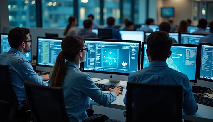 Vista dall’alto di un team IT che lavora su computer con dashboard di sicurezza e compliance