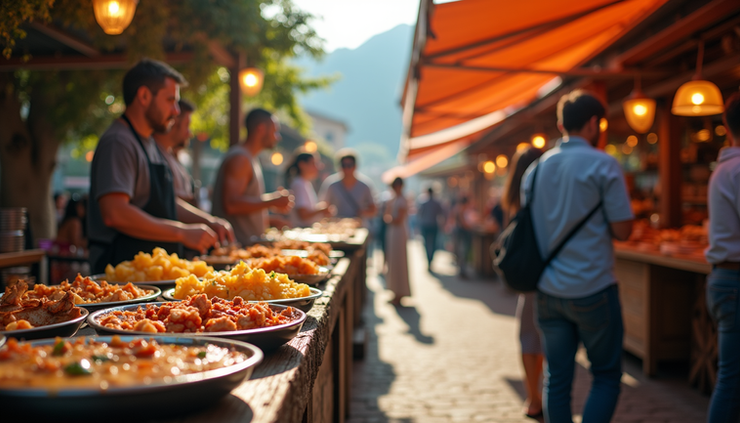 Vista a livello degli occhi di una sagra piemontese con stand di cibo tradizionale e persone che gustano piatti tipici