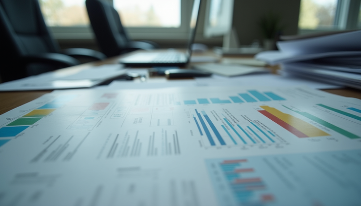 Vista ravvicinata di un ufficio con grafici e documenti sparsi su una scrivania, evidenziando disorganizzazione