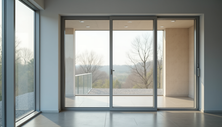 Vista frontale di una finestra moderna con serramenti in alluminio e vetri selettivi