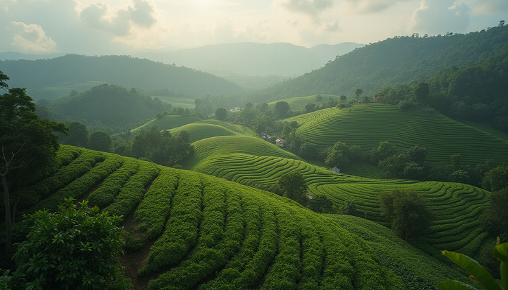 Vista dall’alto di una piantagione di caffè con coltivazione sostenibile