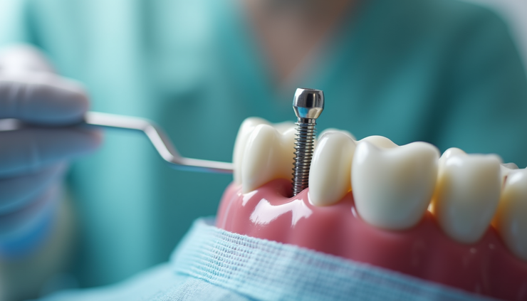 Vista frontale ravvicinata di un impianto dentale inserito nella mascella