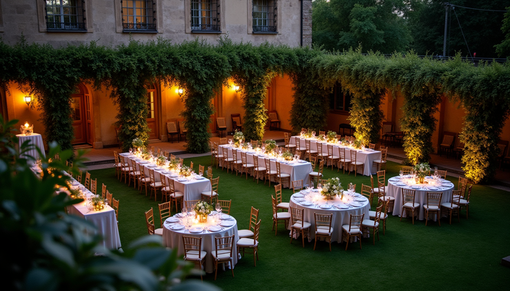 Vista dall’alto di un giardino storico a Torino allestito per un evento con tavoli e luci soffuse