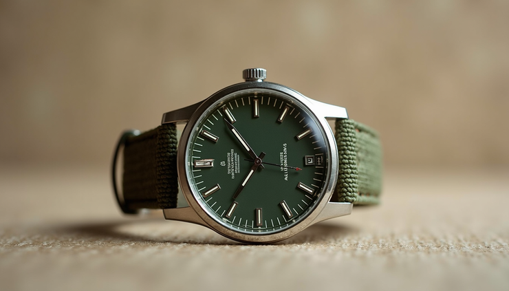 Vista frontale di un orologio Longines Heritage Military con cinturino in tessuto verde