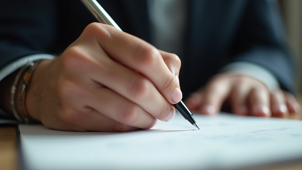Vista frontale di una mano che scrive su un taccuino con penna