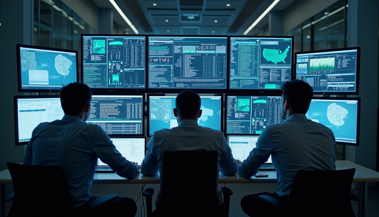 Vista dall'alto di un team che analizza report di sicurezza su più schermi