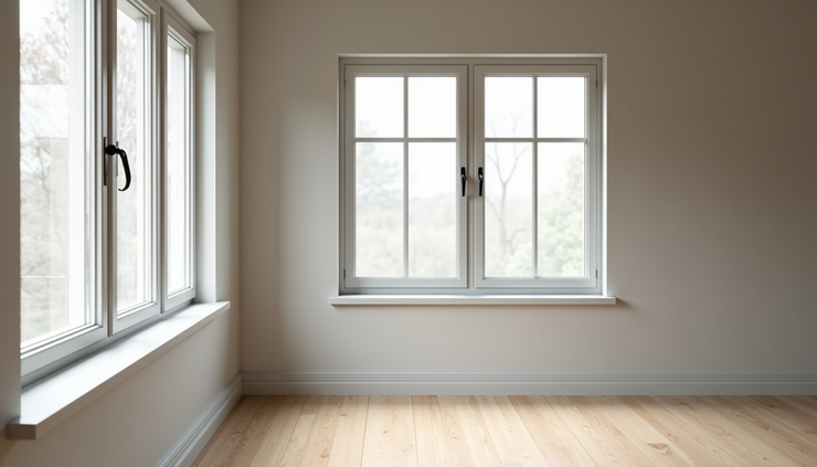 Vista laterale di serramenti antracite con pavimento in legno chiaro e pareti neutre