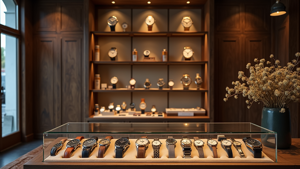 Vista frontale di una boutique di orologi di lusso con esposizione di pezzi vintage