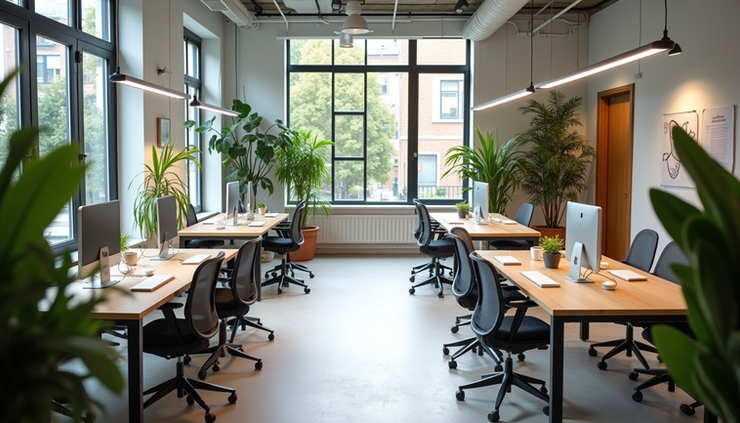 Vista dall’alto di un’area coworking ordinata con scrivanie pulite e piante