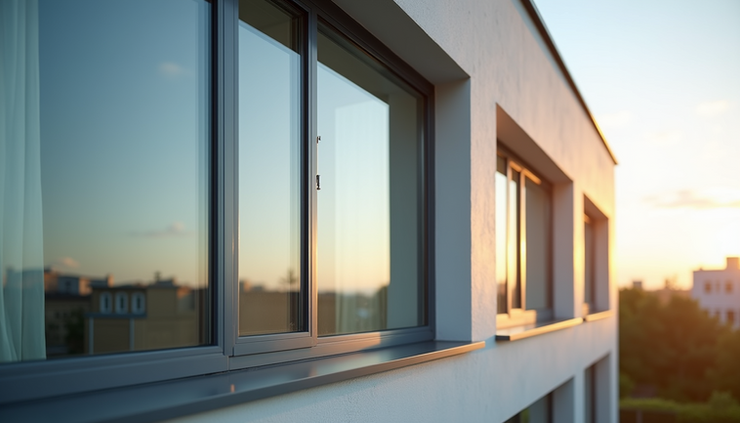 Vista frontale di serramenti moderni installati in una nuova costruzione