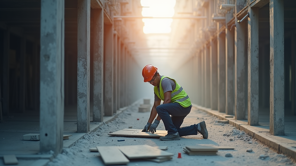 Vista a livello occhi di un cantiere di ristrutturazione con operai al lavoro e materiali ordinati