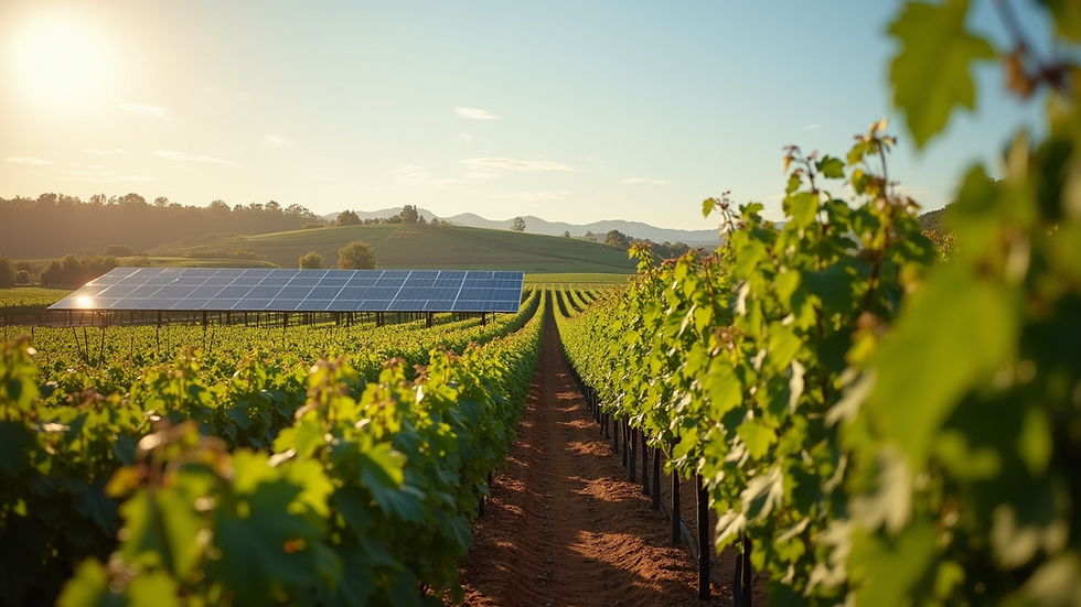 High angle view of a sustainable vineyard with solar panels