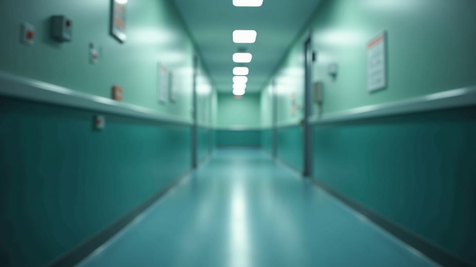 Vista frontale di un paziente che cammina lentamente in un corridoio ospedaliero con supporto