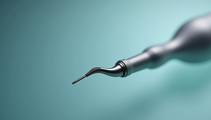 Vista frontale di uno strumento ad ultrasuoni per pulizia dentale con punta metallica