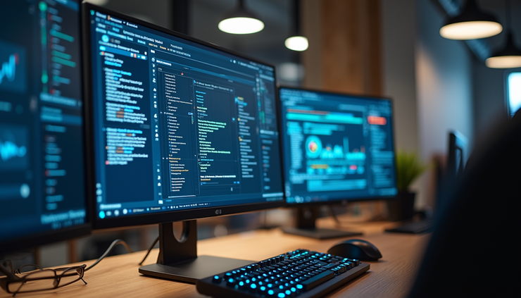 Vista frontale di una postazione di lavoro con software bancario e strumenti di supporto UX
