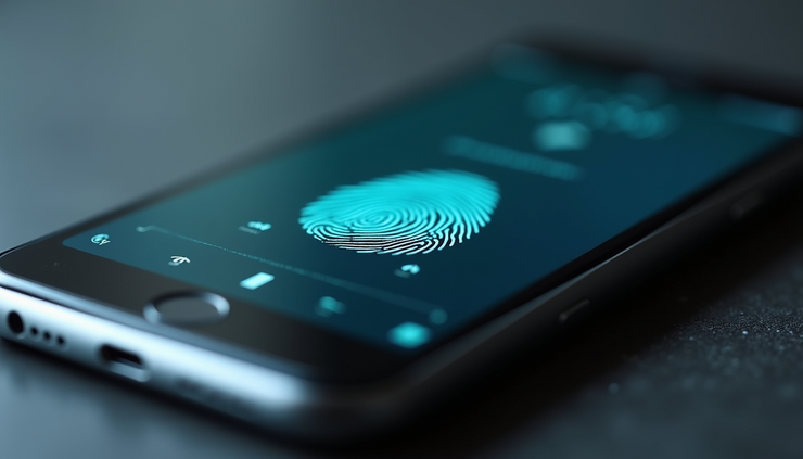 Vista ravvicinata di un lettore di impronte digitali su dispositivo mobile utilizzato per autenticazione