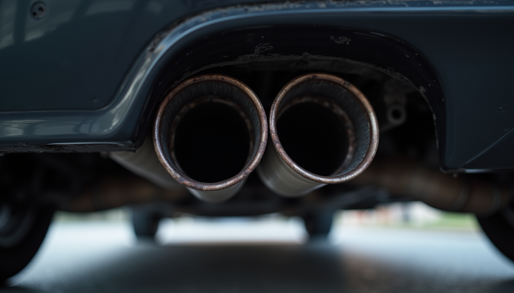 Vista ravvicinata del sistema di scarico di un'automobile con tubi metallici e giunti