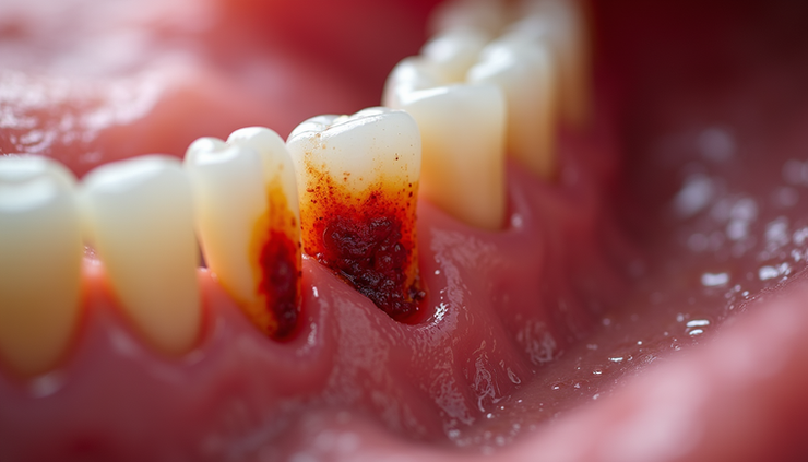 Vista ravvicinata di un dente con segni di infezione e infiammazione