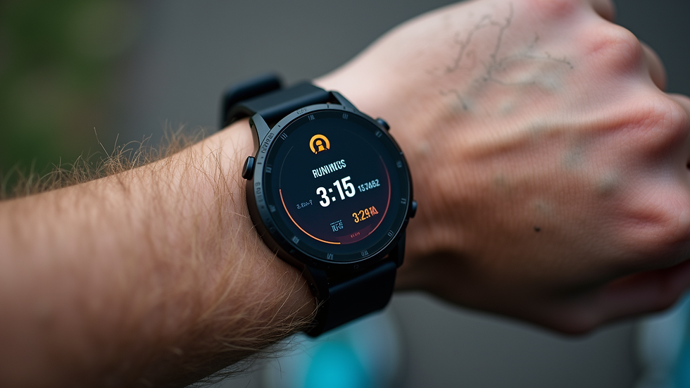 Close-up view of a smartwatch displaying running metrics during training