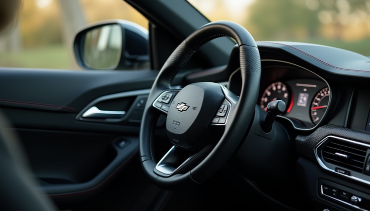 Vista ravvicinata di un volante con coprivolante in pelle nera elegante e sicura