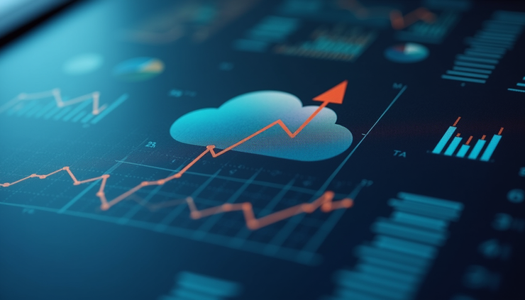 Vista ravvicinata di un dashboard di controllo costi cloud con grafici e metriche finanziarie