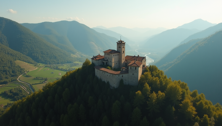 Vista aerea del Castello di Montà d’Alba con le colline circostanti