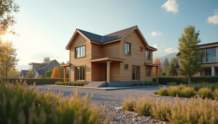 Vista a livello strada di una casa moderna in costruzione con struttura in legno