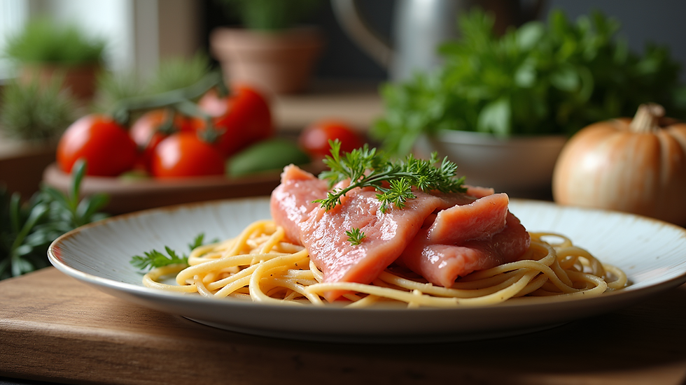 Eye-level view of a traditional Italian kitchen with ingredients for vitello tonnato