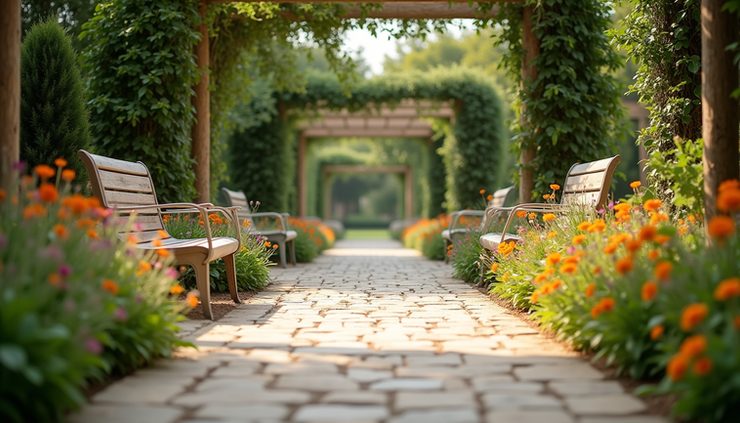 Vista a livello del sentiero nel parco mediterraneo con panchine e fiori colorati
