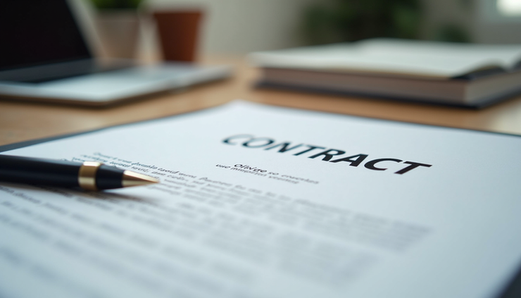 Vista ravvicinata di documenti legali e contratto aziendale su scrivania ordinata