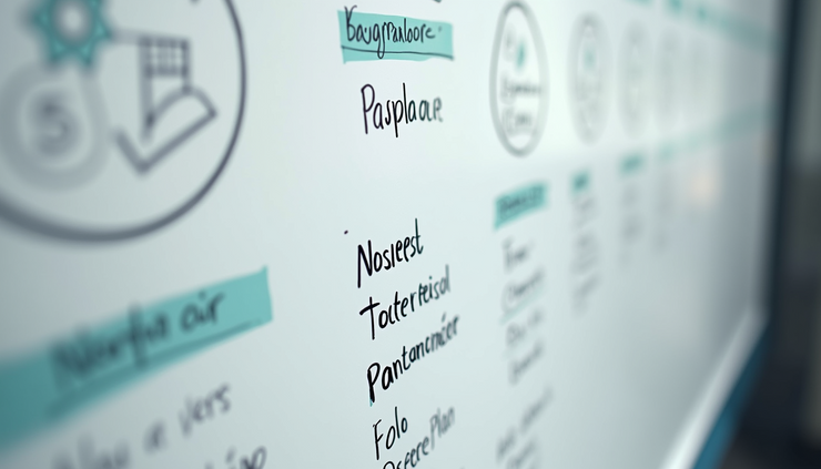 Vista frontale di una lavagna con piani e obiettivi scritti a mano