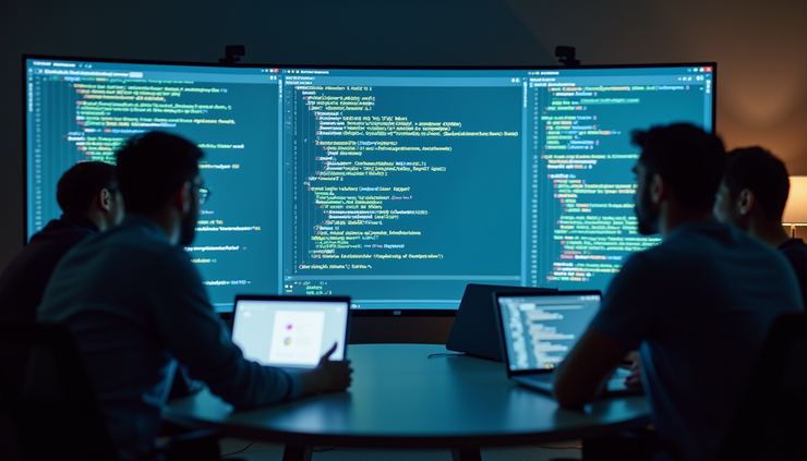 Vista a livello occhi di un team di sviluppo che discute davanti a un grande schermo con codice e diagrammi