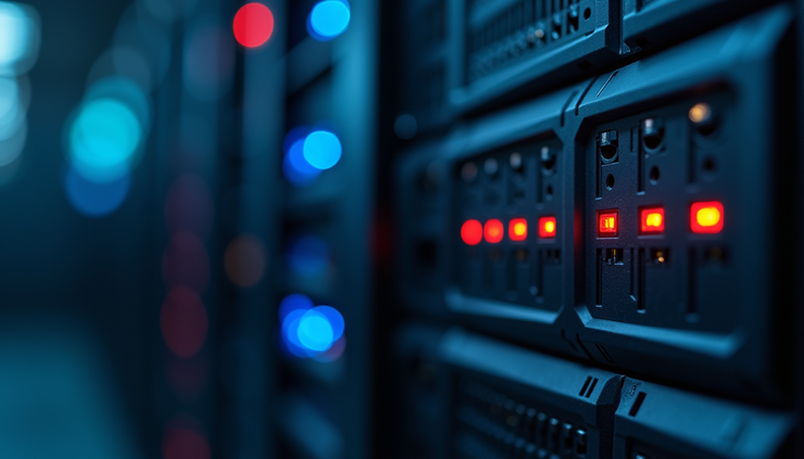 Vista ravvicinata di un server bancario con luci LED attive